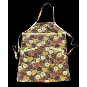 Vintage Apron Handmade 70s Pink Purple Yellow Floral Flowers Pockets Satin Trim